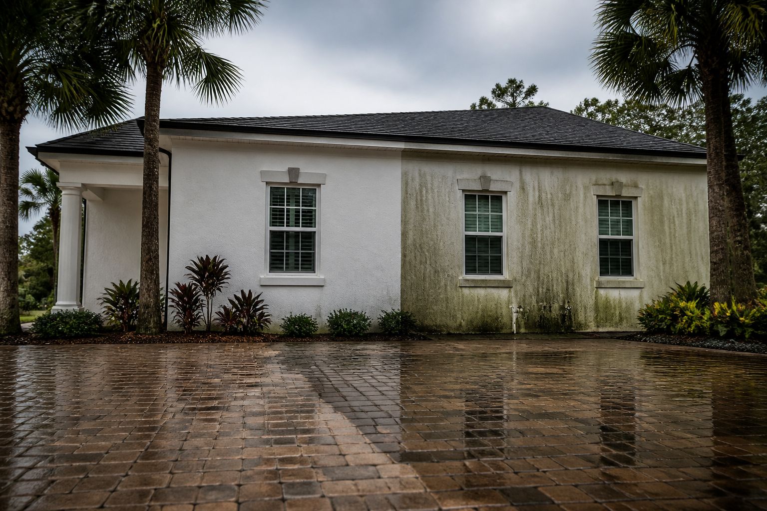 House wash — clean siding on the left, algae-stained siding on the right, wet pavers in front.